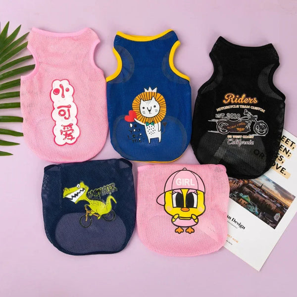 Five pink and black breathable mesh pet vests featuring various cartoon prints like a monkey, a lion, and a dinosaur.