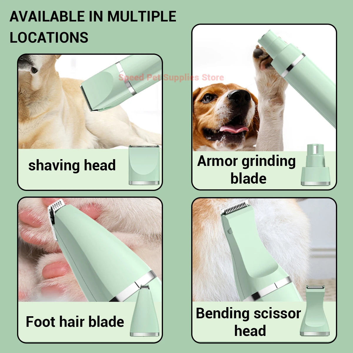 A 4-in-1 pet grooming kit showing various blades including a shaving head, armor grinding blade, foot hair blade, and bending