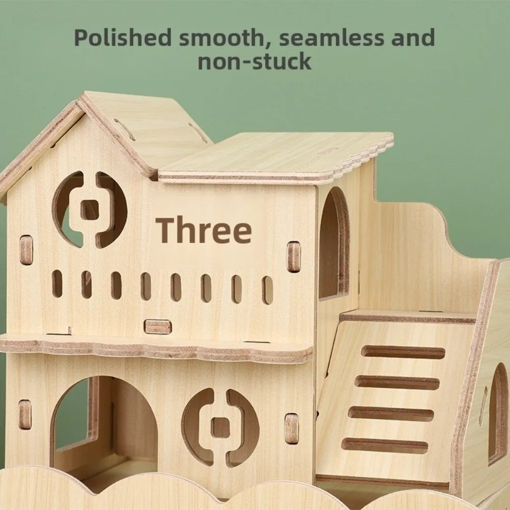 A wooden hamster house structure with three levels and various openings for activity.