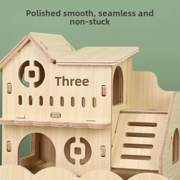 A wooden hamster house structure with three levels and various openings for activity.