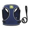 A navy blue mesh dog harness with a yellow tag and black strap is shown against a white background.