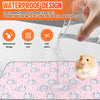 A pink silicone mat with a repeating pattern of sleeping white guinea pigs, demonstrating a waterproof design for pet bedding