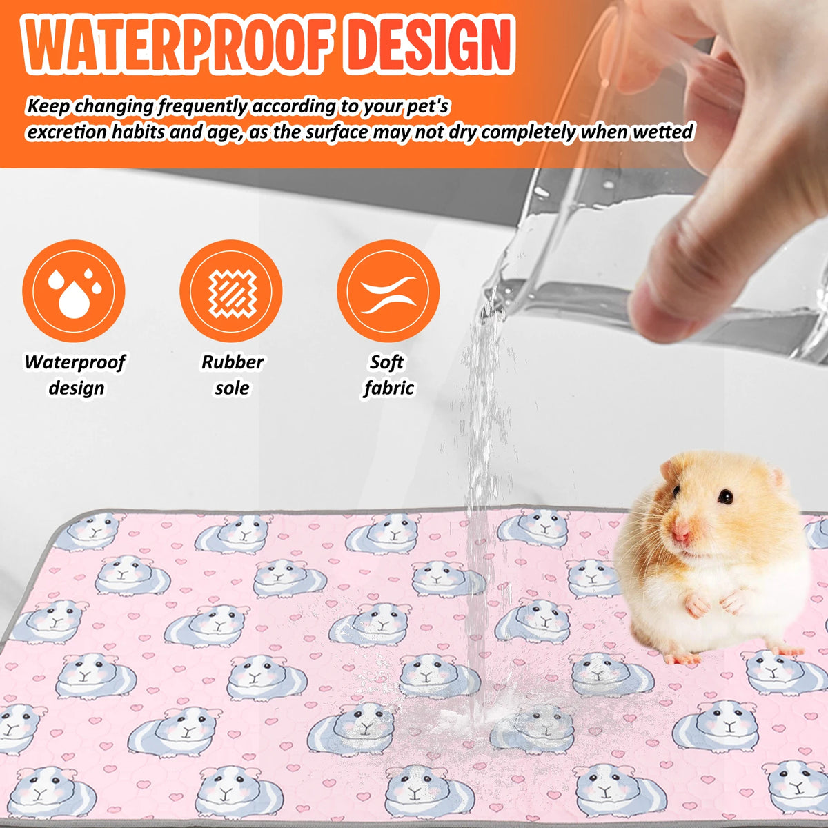 A pink silicone mat with a repeating pattern of sleeping white guinea pigs, demonstrating a waterproof design for pet bedding