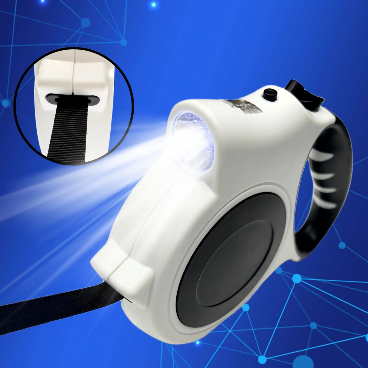 A white illuminated retractable dog leash is shown against a blue background with a magnified view of the cord mechanism.