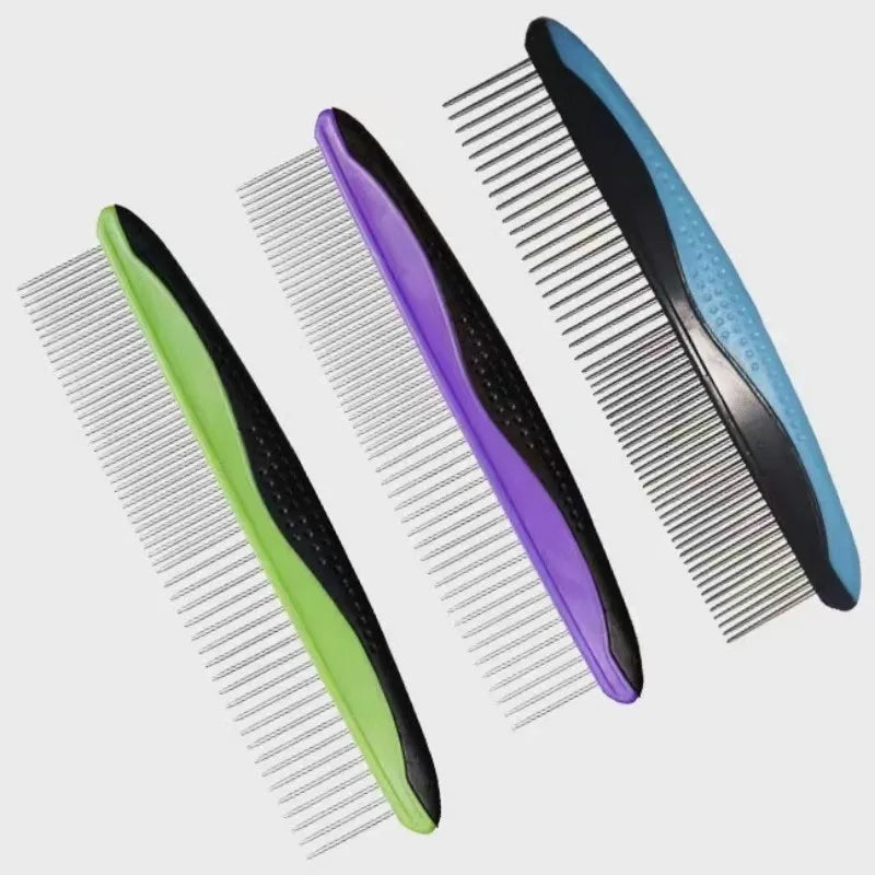 A set of three stainless steel pet grooming combs in green, purple, and black.