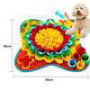 A colorful pet sniffing mat with a large flower design is shown next to a golden dog.