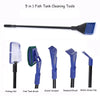 A set of five fish tank cleaning tools including a fishing net, brush, shovel, and various brushes and clips.