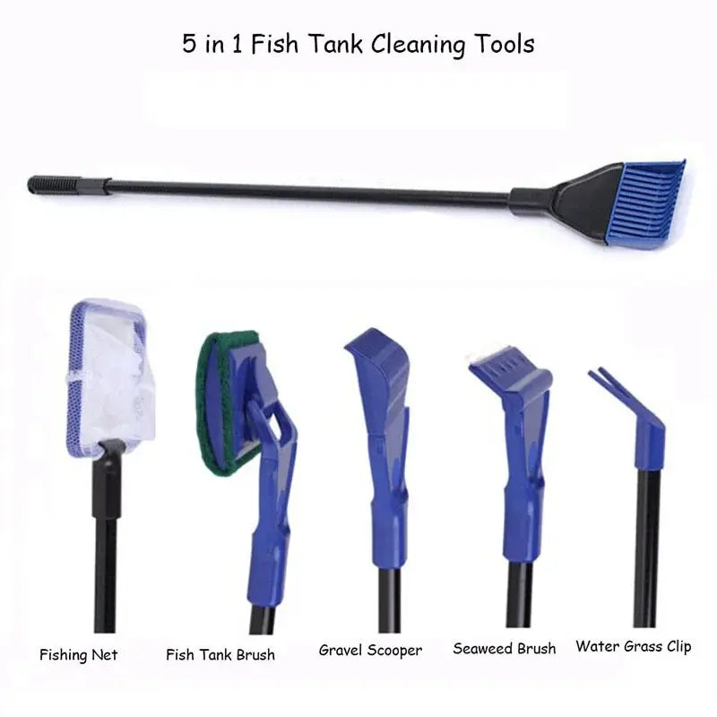 A set of five fish tank cleaning tools including a fishing net, brush, shovel, and various brushes and clips.
