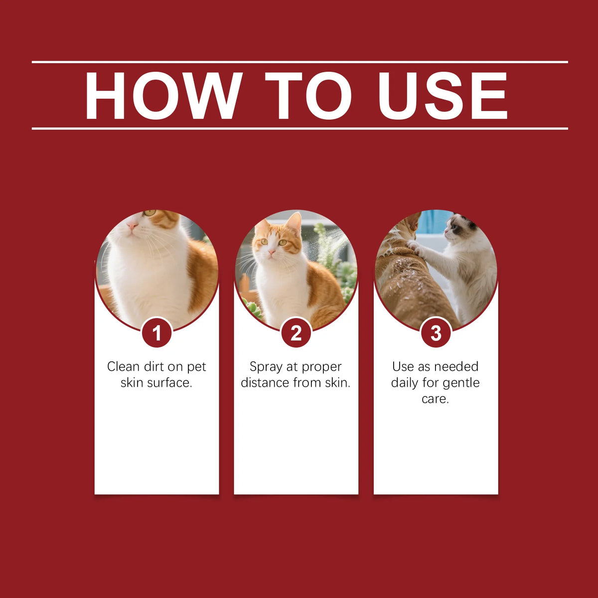 Instructional guide showing three steps for using a soothing skin relief spray for pets.