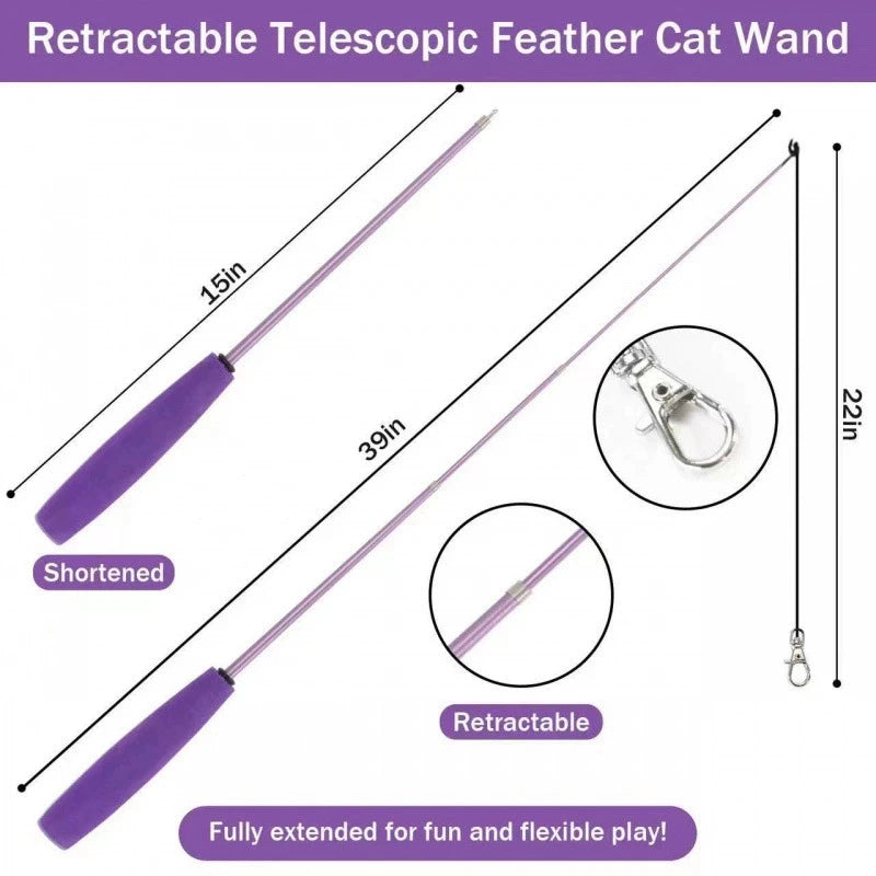 A purple retractable telescoping feather cat wand toy shown fully extended and shortened.