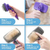 A set of purple grooming tools shown in four steps demonstrating how to brush a pet and remove hair.