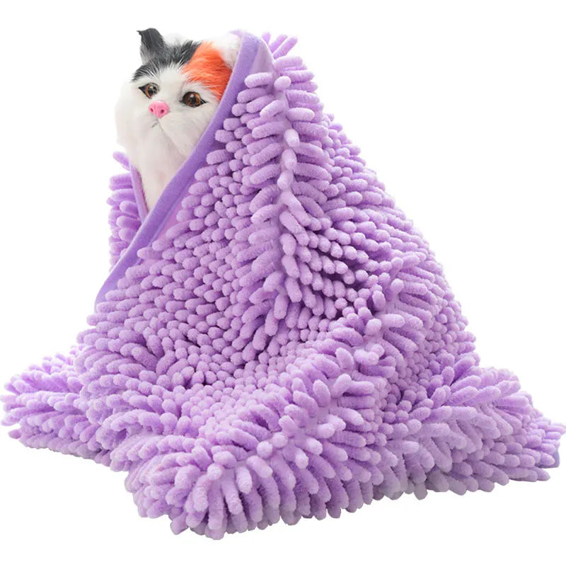 A fluffy purple chenille pet bath towel with a hood is shown, featuring a small cat peeking out.