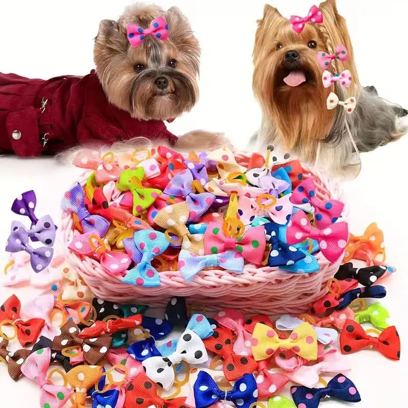 A pile of 50-piece handmade dog bows in various colors and patterns with rubber bands, next to a small dog.
