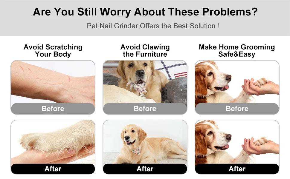 Before and after images showing the use of an electric pet nail grinder for grooming dogs and cats.