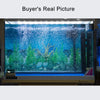 A clear glass aquarium tank filled with blue water featuring green aquatic plants and rocks.