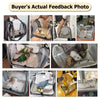 Various photos showing a portable bird travel carrier with transparent viewing panels and various birds inside.
