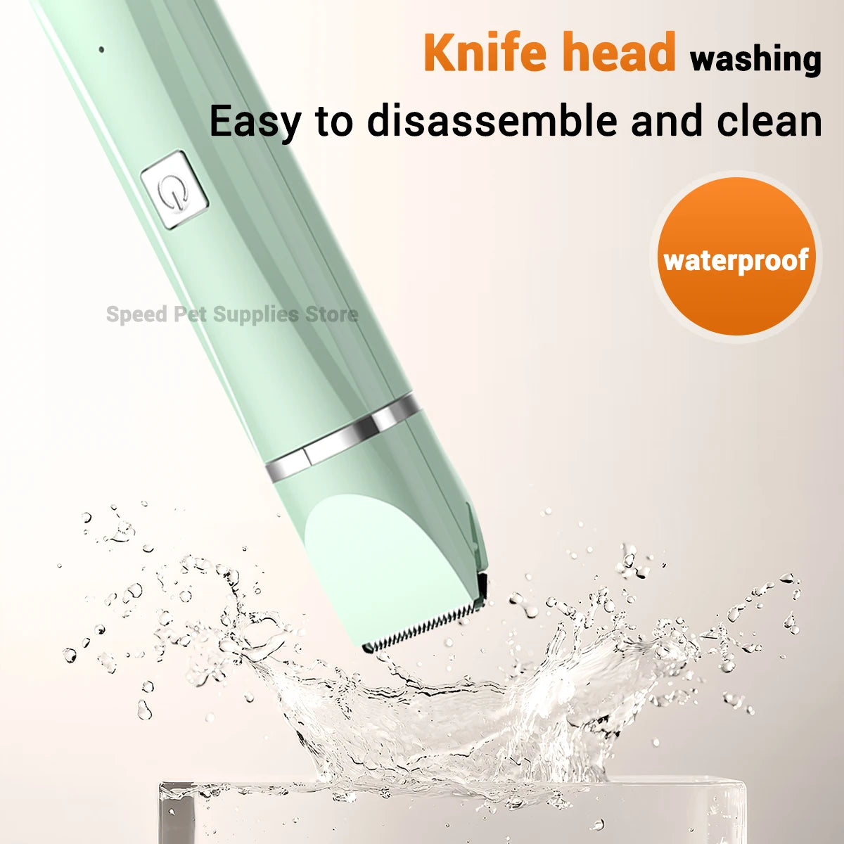 A light green pet grooming tool with a removable knife head being washed in water.