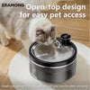 A cat is drinking water from an Eramong open-top pet water fountain on a light surface.