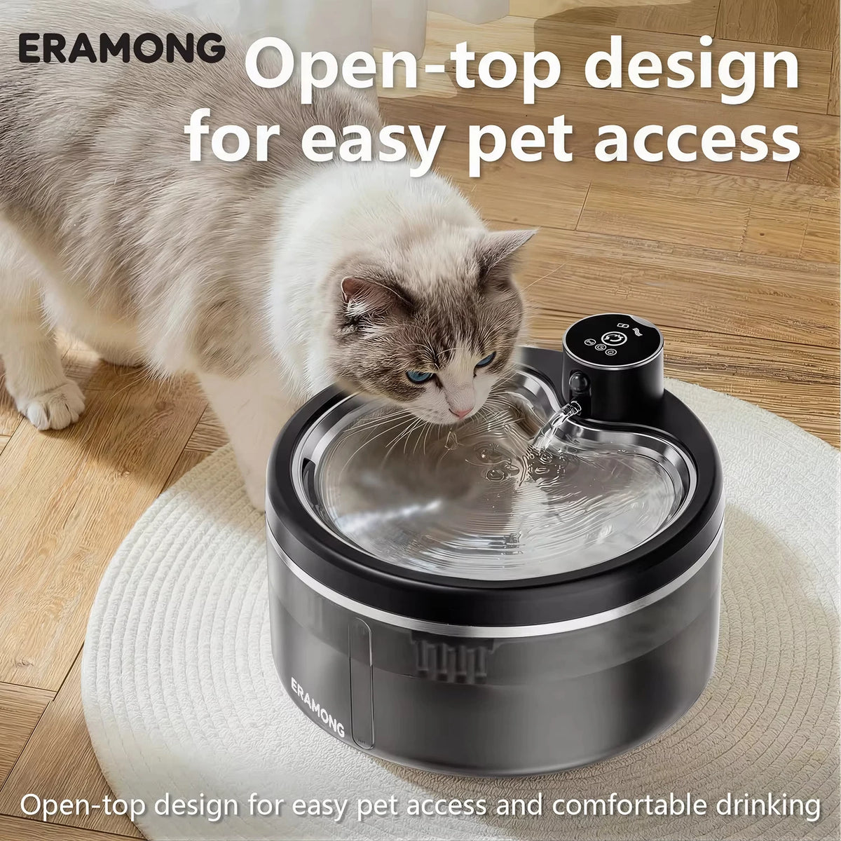 A cat is drinking water from an Eramong open-top pet water fountain on a light surface.