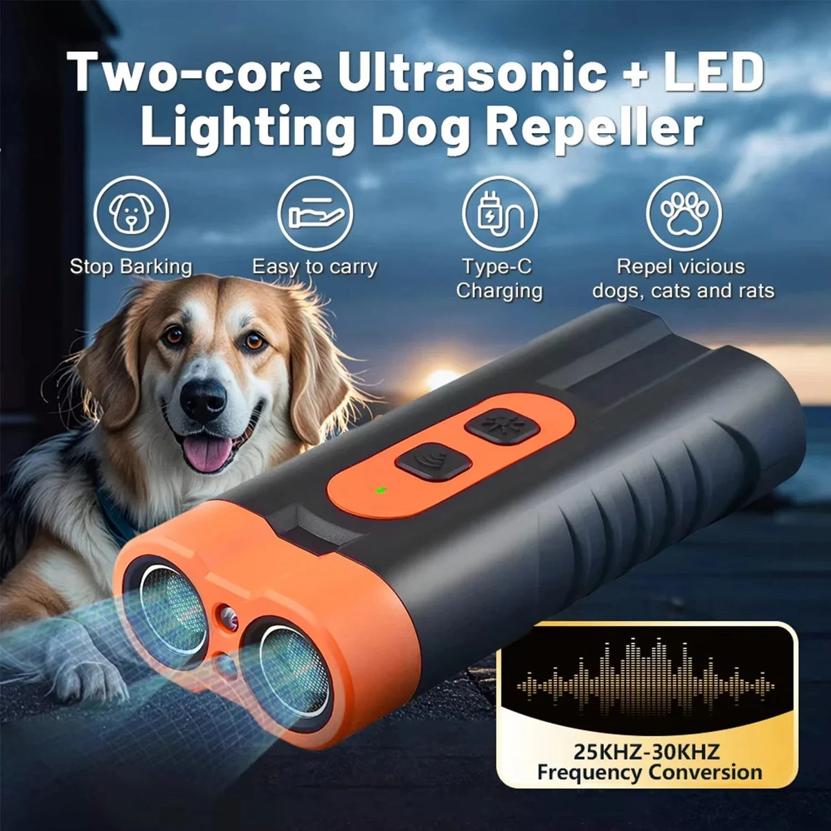 A two-core ultrasonic and LED lighting dog repeller device is shown next to a dog, demonstrating its function.