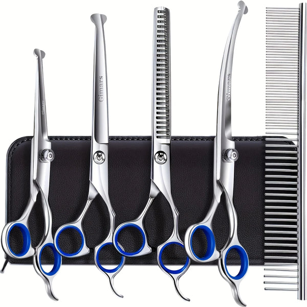 A set of professional pet hair cutting and grooming scissors in silver and blue on a black case.