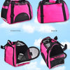 Pink and black breathable mesh pet carrier bags shown from the front, back, and side angles.