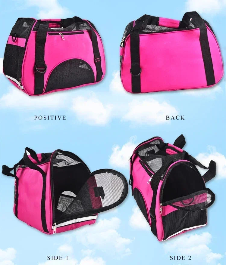 Pink and black breathable mesh pet carrier bags shown from the front, back, and side angles.