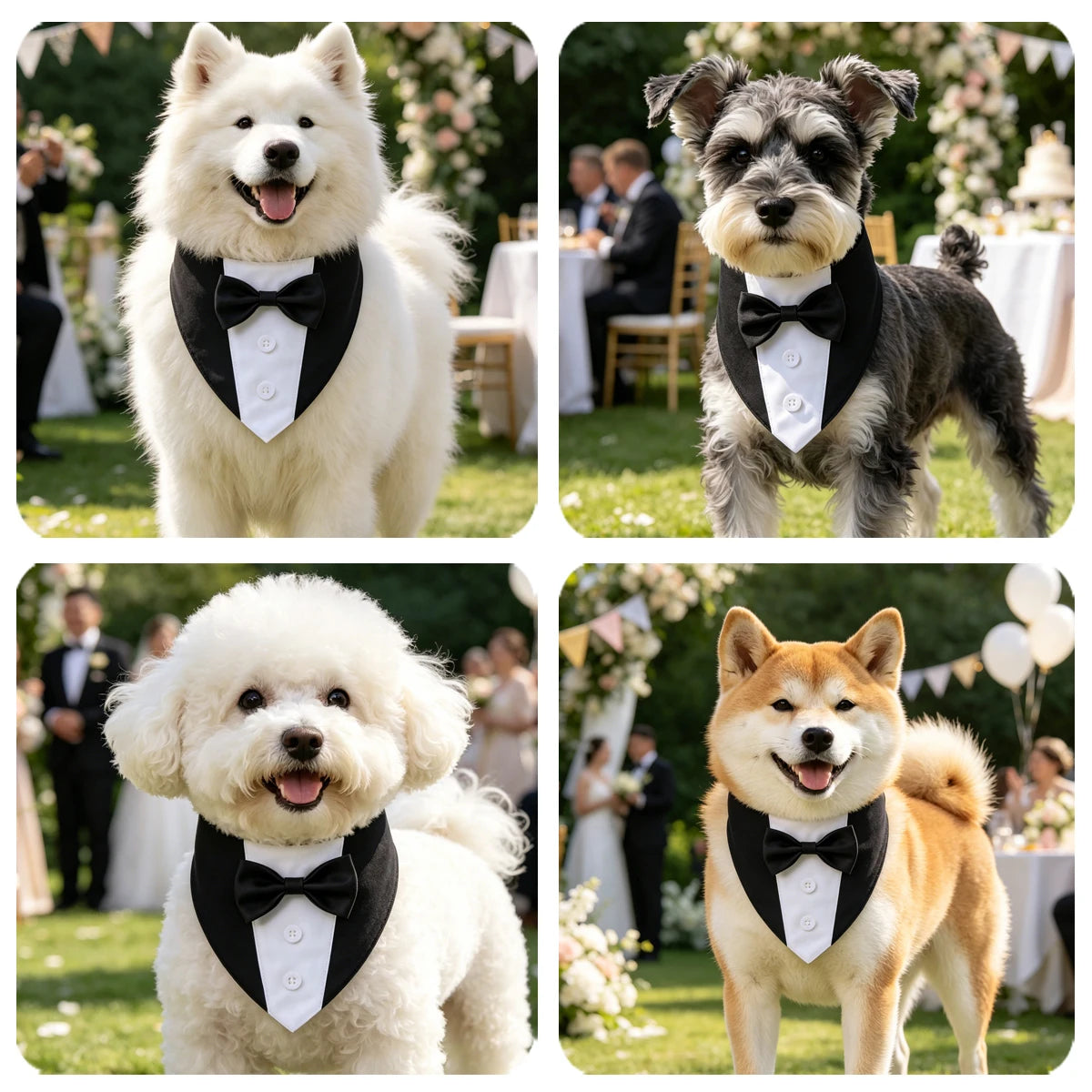 A collage of three fluffy white and gray dogs wearing black bow tie tuxedos at an outdoor event.