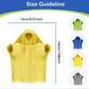 Size guideline showing various sizes of yellow and blue bearded dragon clothing sets.