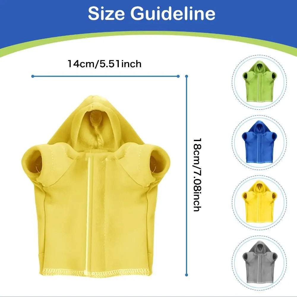Size guideline showing various sizes of yellow and blue bearded dragon clothing sets.