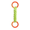 A durable dog chew rope toy with an orange loop and a green, textured rope section.