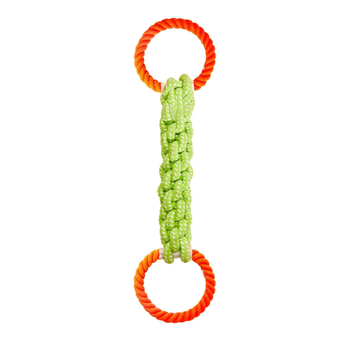 A durable dog chew rope toy with an orange loop and a green, textured rope section.