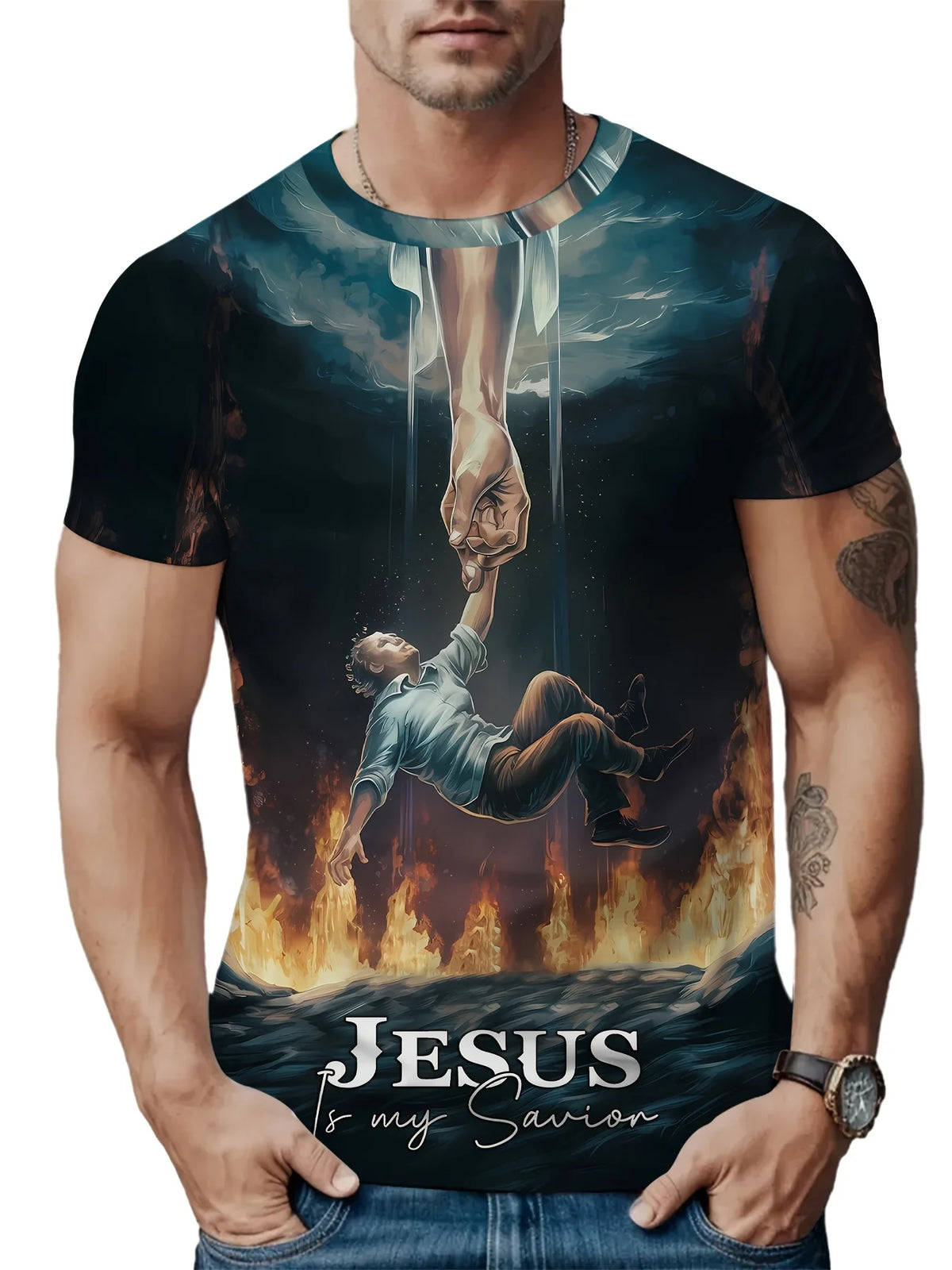 A man wearing a dark t-shirt with a graphic print of Jesus's hand and a cross, featuring the text Jesus is my Savior.