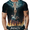A man wearing a dark t-shirt with a graphic print of Jesus's hand and a cross, featuring the text Jesus is my Savior.