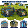 Showcase of a pet playhouse featuring a mesh outer shell, ground peg, and zipper connection for small animals.