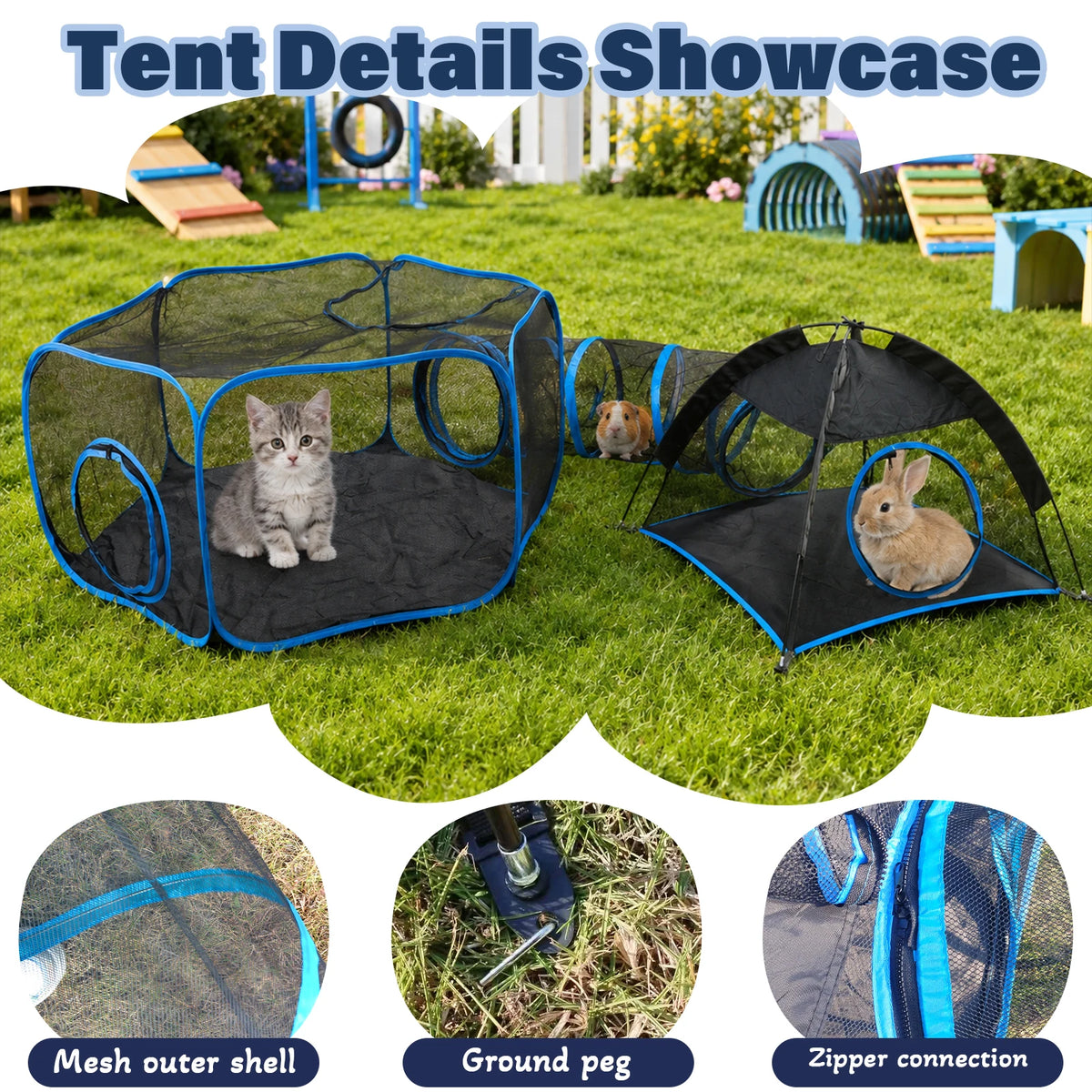 Showcase of a pet playhouse featuring a mesh outer shell, ground peg, and zipper connection for small animals.