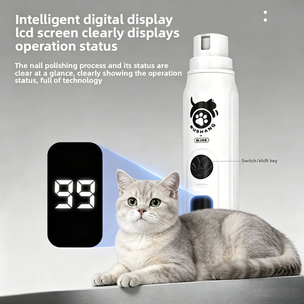 A cat is sitting next to an intelligent digital LCD nail polishing tool, demonstrating its clear operation status display.