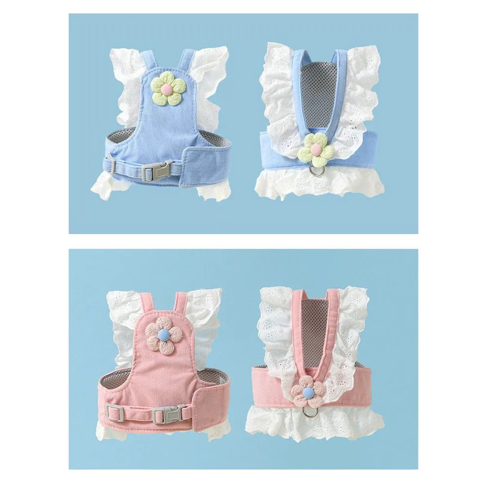 Two sets of elegant princess cat harnesses and leashes in light blue and pink.