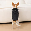 Un petit chien orange et blanc portant une veste de flanelle imperméable noire pour l'hiver.
