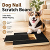 A happy dog is sitting next to a wooden dog nail scratch board with an integrated treat box.