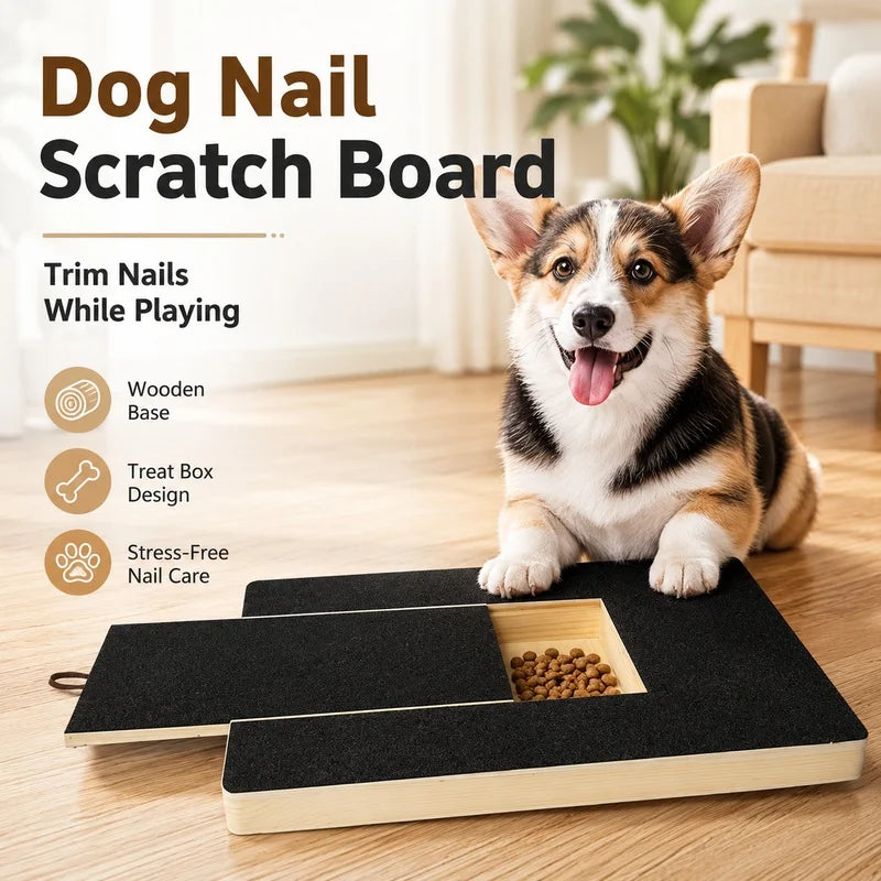 A happy dog is sitting next to a wooden dog nail scratch board with an integrated treat box.