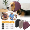 A brown and white dog wearing a purple calming headgear, shown alongside size options.