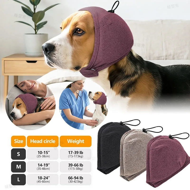 A brown and white dog wearing a purple calming headgear, shown alongside size options.