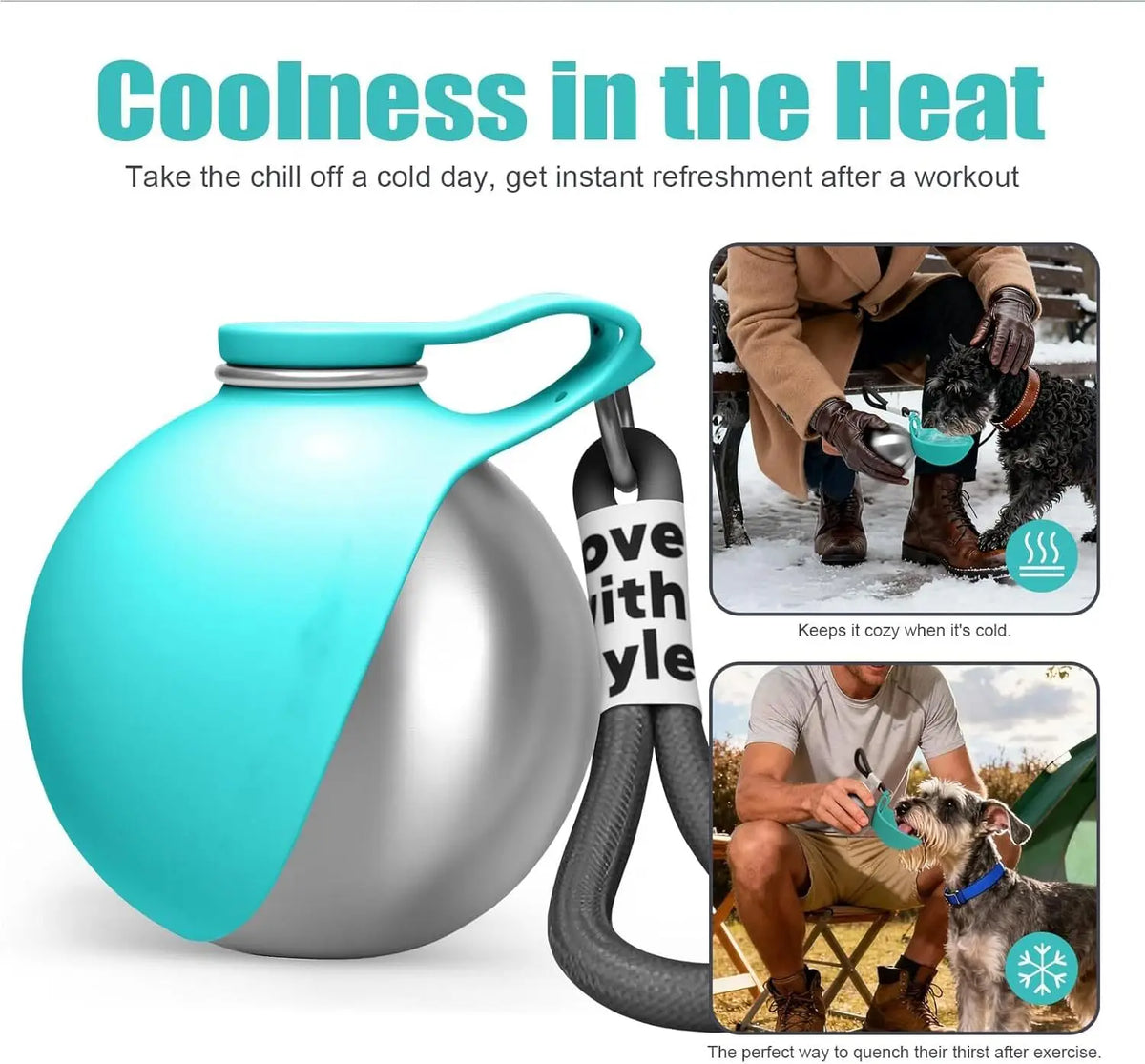 Botella para perros de acero inoxidable con cuenco de silicona junto a un perro en la nieve.