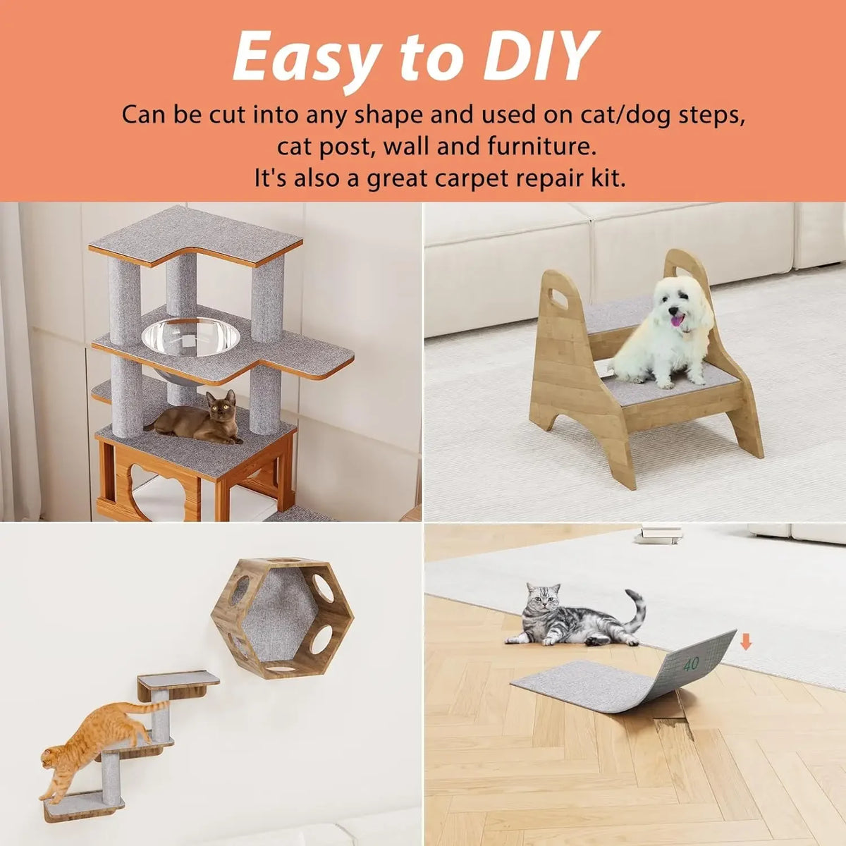 A self-adhesive cat scratching mat is shown in various shapes and sizes used for furniture protection and cat/dog steps.