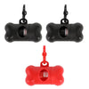 A set of bone-shaped poop bag dispensers in black and red with clips.
