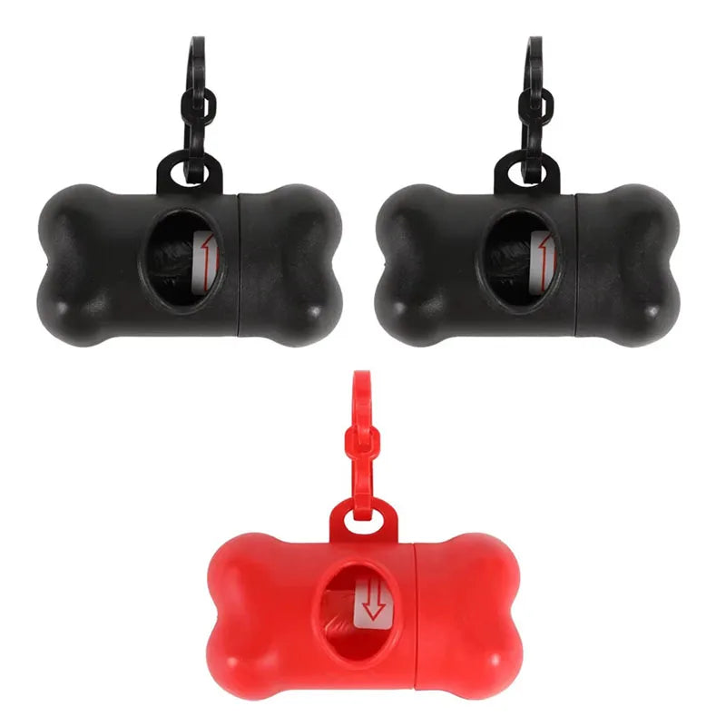 A set of bone-shaped poop bag dispensers in black and red with clips.