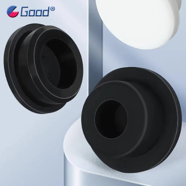 Black silicone rubber hole plugs shown in different sizes and angles