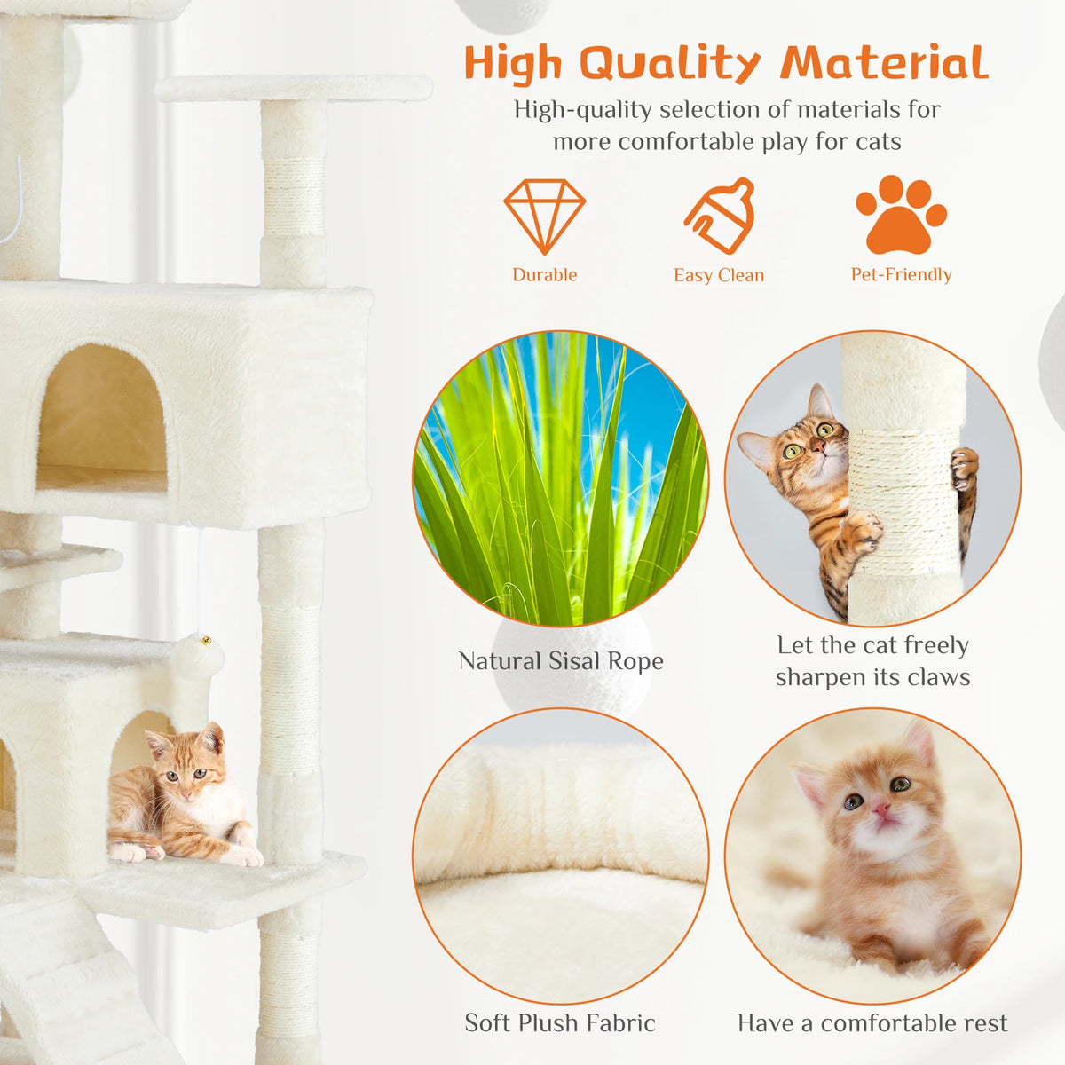 A multi-tiered cat tree tower featuring sisal rope scratching posts and soft plush fabric for cats.