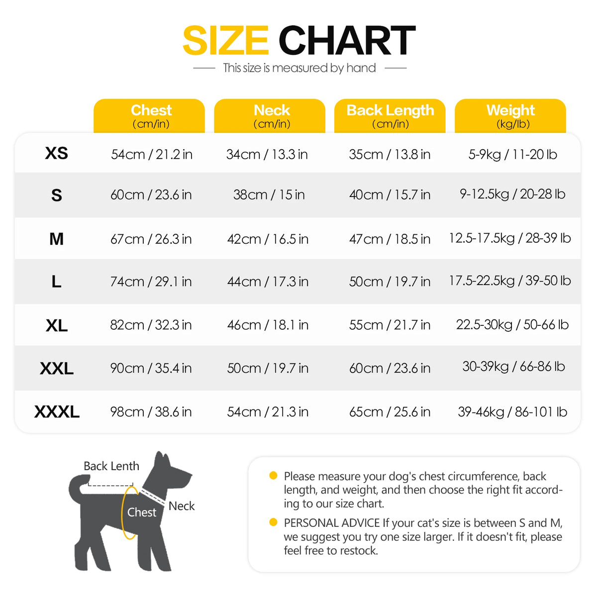Size chart for Comfortable Cotton Dog Jumpsuit showing measurements for XS to XXXL sizes